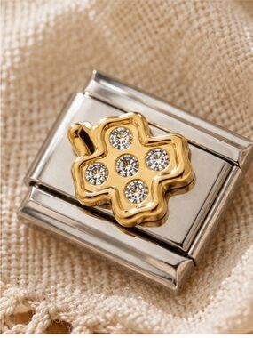 Title: Two Tone Crystal Cross Italian Charm Bracelet Link